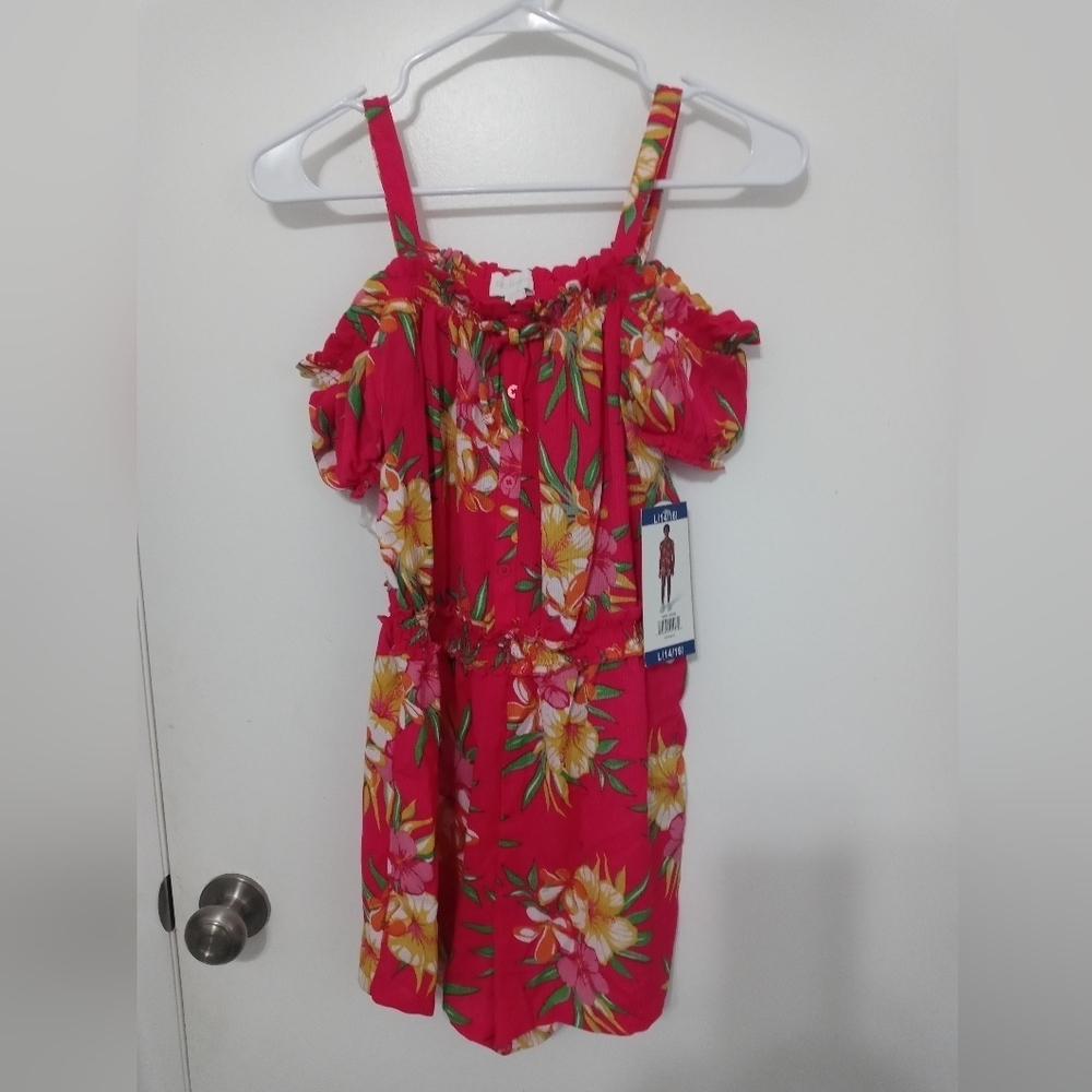 BCBGIRLS PINK FLORAL OFF THE SHOULDER PULL ON ROMPER SMOCKED WAIST L 14-16 NEW